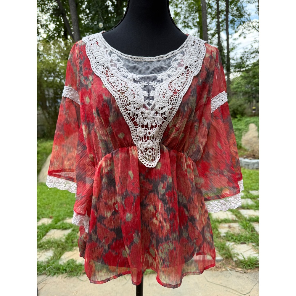 Free People Red Abstract Print Crochet Lace Bib Sheer Empire Top Size XS